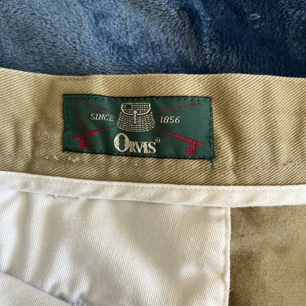 Vintage‎ Orvis Duck Cloth Canvas Shorts Men's 44 Beige Leather Trim Flat Front